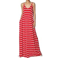 TheMogan Women's S~3X Casual Stripe V-Neck Draped Jersey Pocket Cami Long Maxi Dress
