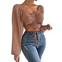 LovelyWholesale Women Ruched Drawstring Blouses Long Puff Sleeve Front V Neck Crop Tee Top