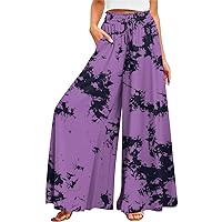 Wide Leg Slacks for Women,Summer Boho Beach Palazzo Pants Floral Print Casual Flowy Loose Lounge Trouser with Pocket