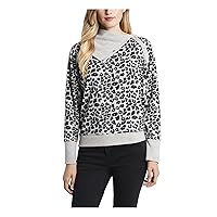 Vince Camuto Womens Gray Ribbed Fold Over Neck with Snaps Animal Print Long Sleeve Top XS