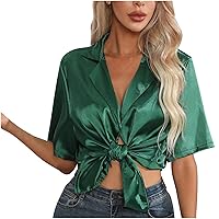 Womens Button Up Lapel Short Sleeve Satin Tunic Blouses Summer Dressy V Neck Trendy Casual Loose Fit Solid Shirts