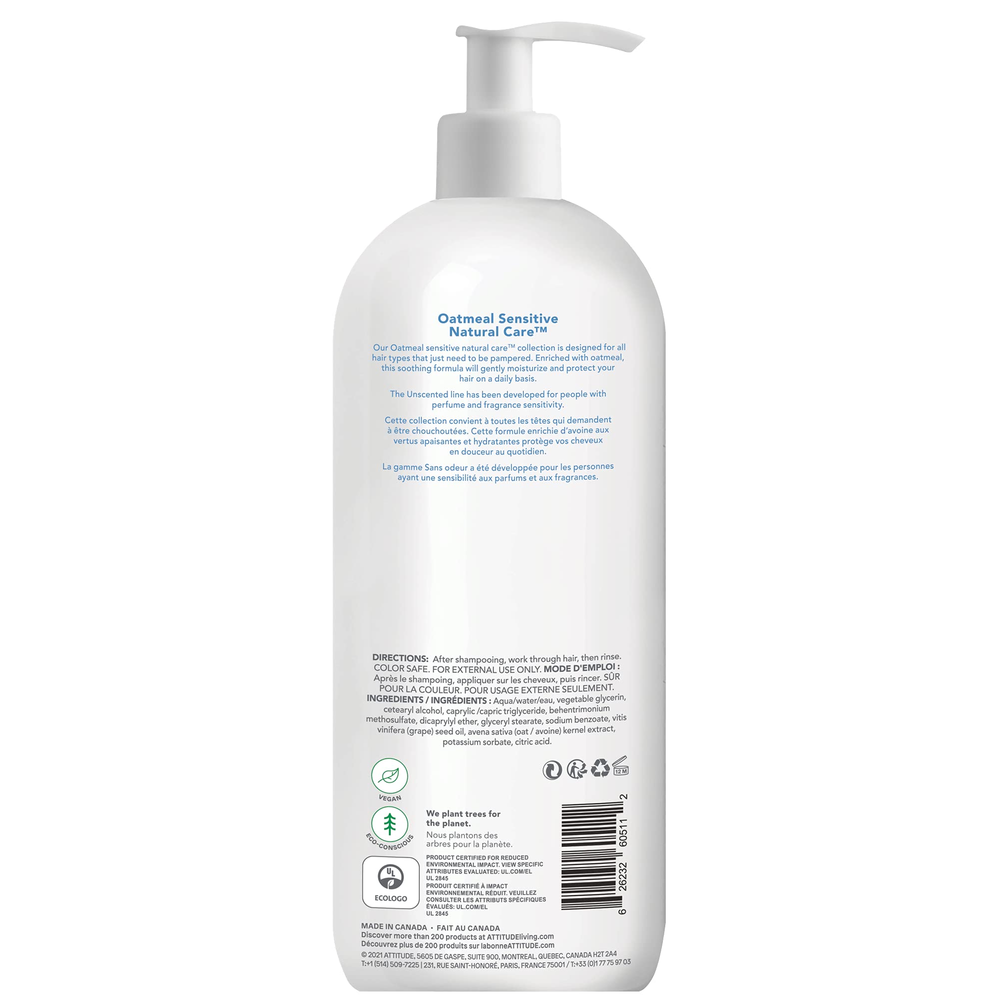 ATTITUDE Extra Gentle and Volumizing Conditioner for Sensitive Skin Enriched with Oat, Hypoallergenic, Vegan and Cruelty-free, Unscented, 32 Fl Oz