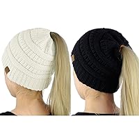 BeanieTail Soft Stretch Cable Knit Messy High Bun Ponytail Beanie Hat, 2 Pack