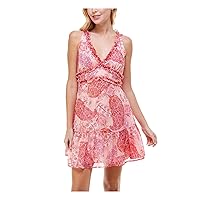 Womens Ruffled Glitter Neckline Keyhole, Spaghetti Tie Sleeveless V Neck Above The Knee A-Line Dress