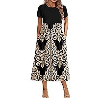 IN'VOLAND Women Plus Size Short Sleeve Dress Loose Plain Casual Summer Flowy Tiered Long Maxi Dresses with Pockets