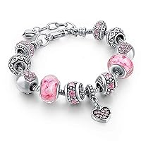 Pink Hearts Silver Plated Charm Bracelet Set, Jewelry Gifts with Beads, Charms, and Adjustable Snake Chain, Fits 7.5