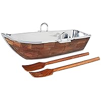 Godinger Wood Lined Boat Bowl with Salad Server, Silver