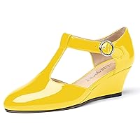 Women's Casual T Strap Patent Office Buckle Round Toe Wedge Low Heel Pumps Shoes 2 Inch