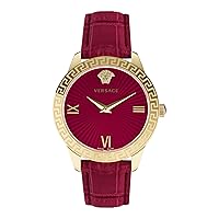 Versace Greca Signature Collection Luxury Womens Watch Timepiece with a Red Strap Featuring a Gold Case and Red Dial