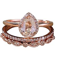 Sale on 2.25 carat Pear shape Morganite and Diamond Halo Trio Bridal Wedding Ring Set Antique Vintage Design Milgrain in Rose Gold for Women