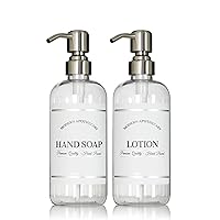 Clear Refillable Hand Soap and Lotion Dispenser Set for Bathroom Sink - PET Plastic Pump Bottles with Labels for Soap and Lotion - Waterproof Labels - 16 oz, 2 Pack (Stainless Steel)