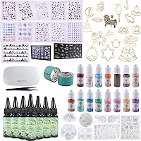 UV Epoxy Resin Crystal Clear + Pearlescent Liquid Pigments + Silicone Molds + Open Back Bezels + Decoration Sheets + Tweezers + Mini Light, Jewelry Making Kit Pendants Earrings Resin Art Craft Set