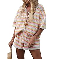 Tankaneo Womens Short Sleeve Striped Pajama Sets Color Block Crochet Knit Button Top and Shorts 2 Piece Lounge Sets