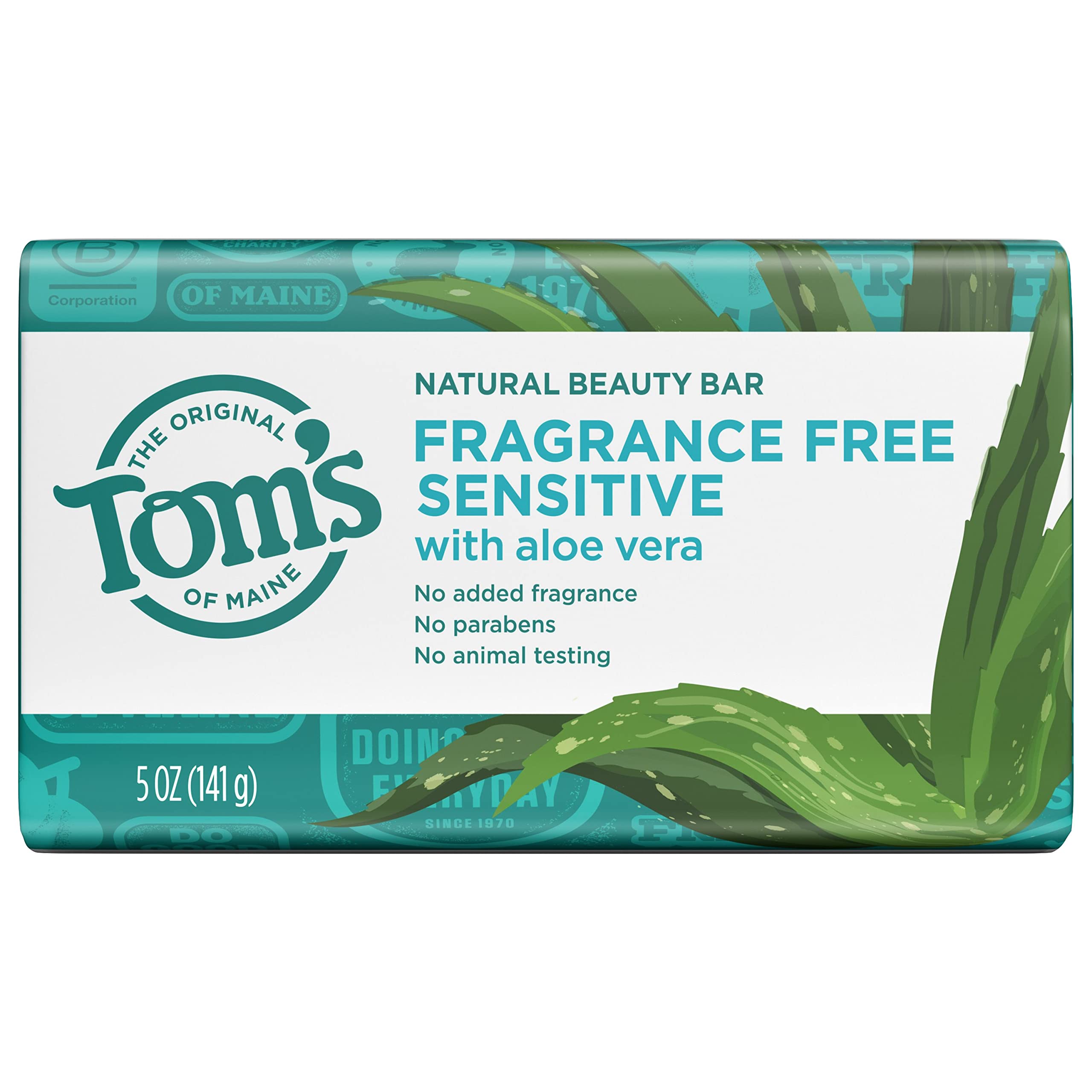 Tom's of Maine Natural Beauty Bar Soap for Sensitive Skin With Aloe Vera, Fragrance-Free, 5 oz. 6-Pack (Packaging May Vary)