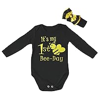 Petitebella It's My 1st Bee-Day Black L/S Cotton Bodysuit Romper Nb-18m
