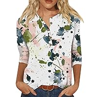 Womens 3/4 Length Sleeve Tops Casual Button Down Summer Shirts Loose Fit Blouse