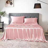 THXSILK 100% Silk Sheet Set, 7A+ Silk Sheet Set Soft Breathable, Luxury Bedding (1 Flat Sheet, 1 Fitted Sheet, 1 Pillow Sham) Twin XL, Charming Pink