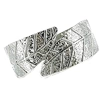 Linpeng Leaf/Feather Shape with Pattern Hinge Bangle Bracelet, Silver