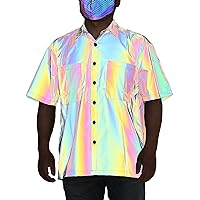 LZLRUN Men's Rainbow Reflective Pocket-Short Sleeve Shirt Rave Festival Party Holiday Beach Shirts Hip-Hop Outfit