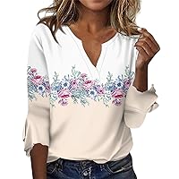 Womens Blouses V Neck Bell 3/4 Sleeve Ladies Tops Gradient Floral Print Shirts Summer Loose Casual Tee T Shirts