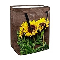 60L Laundry Hamper Collapsible Bouquet Of Sunflowers Fern Leaves Wooden Texture Laundry Basket with Easy Carry Extended Handle Folding Storage Basket for Bathroom, Bedroom Clothes Toys