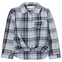 Girls' Long Sleeve Plaid Twill Tie Front Button Down Shirt