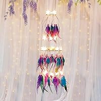 Dremisland Double Circle White Feather Dream Catcher with Mobile LED Fairy Lights Wall Hanging Ornaments Ceiling Decor for Bedroom Decor Wedding Decorations Boho Chic Party Nursery Decor (Blue Purple)