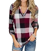 Andongnywell Women's Casual Pull Sleeve V Neck Plaid Shirts Pullover Top V Neck Plaid t Shirts Tunics Blouse