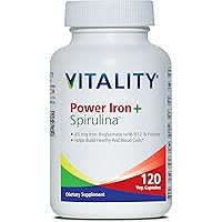 VITALITY Power Iron + Spirulina | 45mg Iron | Blood Builder | Iron Deficiency Support | Vegan | All Natural Supplement | Gentle on Stomach | (120 Count (Pack of 1))