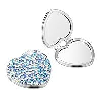 Rhinestone Compact Pocket Mirror Portable Travel Cute Cosmetic Mirror Folding Handheld Double-Sided 1x/2x Magnifying Purse Mirror(Sky Blue)