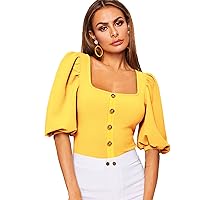 Romwe Women's Casual Puff Sleeve Square Neck Slim Fit Crop Tee Tops