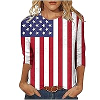 American Flag Shirt Women 4th of July T-Shirts 3/4 Length Sleeve Round Neck Tops USA Flag Graphic Patriotic Shirts