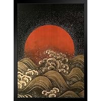 Sun Setting Ocean Waves Japanese Wood Block Style Beach Sunset Palm Landscape Pictures Scenic Scenery Tropical Nature Photography Paradise Scenes Black Wood Framed Art Poster 14x20