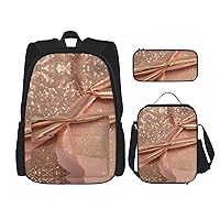 3-In-1 Backpack Bookbag Set,Rose Gold Glitter Print Casual Travel Backpacks,With Pencil Case Pouch, Lunch Bag