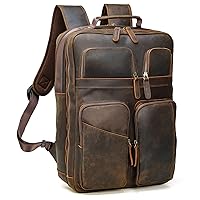 Polare 17.3 Inch Full Grain Leather Backpack for Men and Women Multi Pockets Business Travel Laptop Rucksack (Brown)