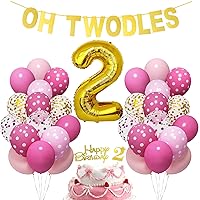 Amandir Pink Cartoon Mouse 2nd Birthday Party Decorations for Girls, Gold Number 2 Balloons Cake Topper Oh Twodles Happy Birthday Banner Party Supplies Favors