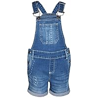 Kids Girls Dungaree Short Dark Blue Denim Ripped Stretch Jeans Overall Jumpsuits