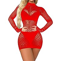 ACSUSS Womens Fishnet Bodycon Dress Mock Neck Long Sleeve Hollow Out Backless Mini Dress Nightwear Red One Size