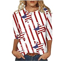 Womens American Flag Stars Stripes Shirts Summer 3/4 Sleeve Crewneck Patriotic Tee Tops 4th of July Festival Blouses