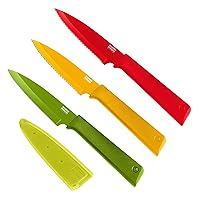 KUHN RIKON COLORI+ Non-Stick Straight and Serrated Paring Knives with Safety Sheaths, Set of 3, Red, Yellow and Green