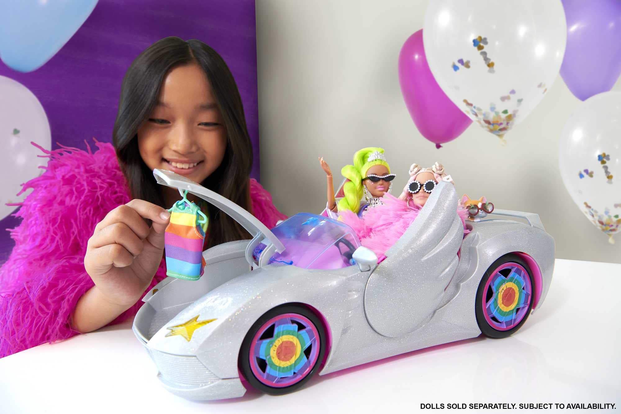 Barbie Extra Toy Car with Fashion Accessories & Puppy, Sparkly Silver 2-Seater Convertible with Hood Storage & Pet Pool