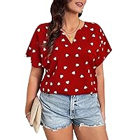SOLY HUX Women's Plus Size Blouse Heart Print Notched Neck Short Sleeve Summer Tops
