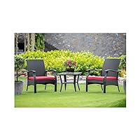 East West Furniture DTL3C01B Denton 3 Piece Patio Furniture Outdoor Set Contains a Rectangle Wicker Tea Table with Glass Top and 2 Balcony Armchair with Cushion, Small, Black