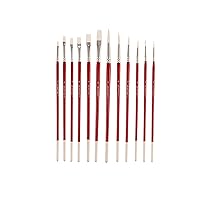 Hello, Artist! 12 Piece Long Handle White Taklon Flats & Rounds Brush Set, for All Levels of Painters, Suitable for Acrylic, Watercolor, Tempera, and Gouache,Red