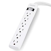 PHILIPS 6 Outlet Power Strip Surge Protector, 2ft Power Cord, Straight Plug, Wall Mount, 450 Joules, UL Listed, Circuit Breaker, Automatic Shutdown, White, SPP3063WP/37