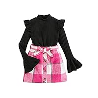 WDIRARA Girl's 2 Piece Outfits Ruffle Trim Flounce Long Sleeve Mock Neck Tee and Plaid Belted Skirt Set