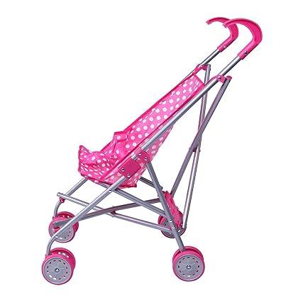 Precious Toys Baby Doll Stroller, Pink & White Polka Dots Baby Stroller for Dolls, Foldable Toy Baby Stroller, Toy Stroller for Baby Dolls, Doll Strollers for Girls 2 Years Old and Older, Toddlers