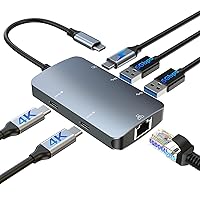 L LIMINK USB C Triple Monitor Docking Station, 6 in 1 USB C Hub for 3 Monitor, 4K@60HZ 2Type-C, 5Gbps 2USB A 3.0, RJ45 Ethernet, Triple Monitor Multiport Adapter, Compatible with Windows/MacOS