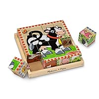 Melissa & Doug Farm Wooden Cube Puzzle With Storage Tray - 6 Puzzles in 1 (16 pcs) - Toddler Animal Puzzle -FSC-Certified Materials, 8.25 x 8.2 x 2.25