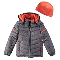 LONDON FOG Boys' Big Active Puffer Jacket Winter Coat, Grey Space Dyed with Orange, 8